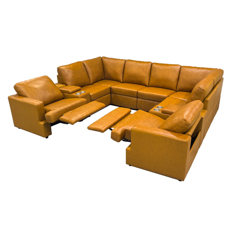 Niteshi Leather Match Power Recline Sectional, Ginger Leather Match
