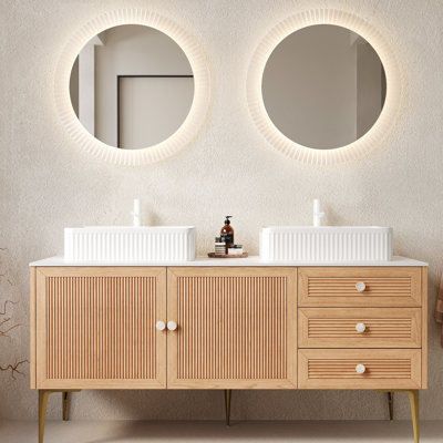 Meuble-lavabo autoportant de 60 po avec 2 lavabos rectangulaires blancs en céramique, portes, 3 tiroirs, 4 pieds en métal, couleur chêne, pré-assemblé, contreplaqué haute résistance, système de fermeture en douceur, style moderne, grand