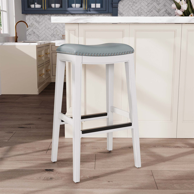 Tabouret de bar, siège en cuir, Blanc, Blanc