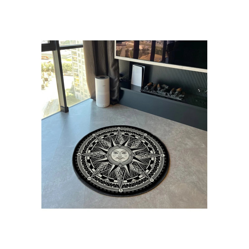 Sun Compass Themed Black And White Round Rug, Round 3'4"