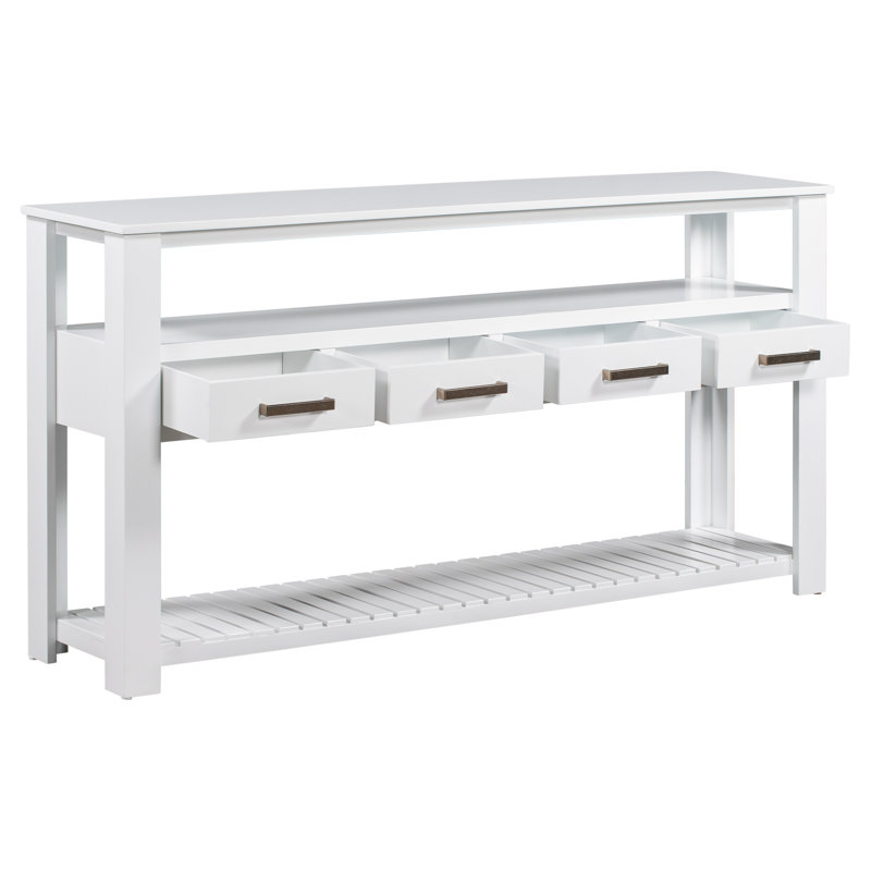 Console de 61,5 po avec 4 tiroirs, 3 tablettes ouvertes à 3 niveaux et poignées en métal, table de canapé polyvalente pour le couloir, la cuisine, le salon et la chambre à coucher