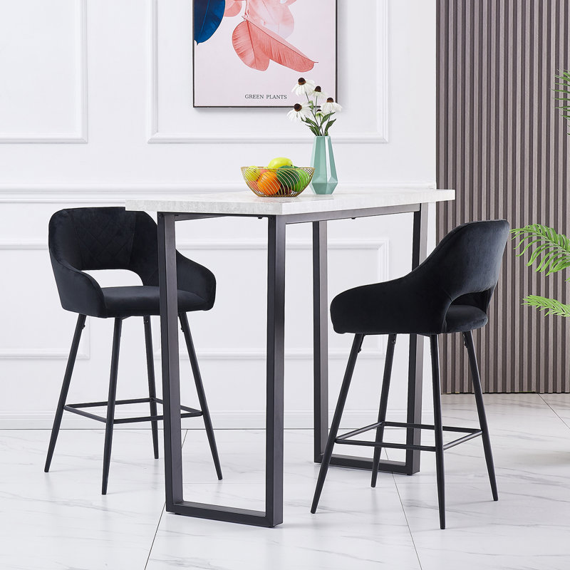 Sunni 67cm Velvet Upholstered Arm Bar Stool with Footrest, Black