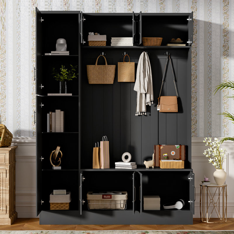 VIBE HAUS 79'' Tall Modern Hall Tree With Shoe Storage, 4-In-1 Entryway Bench With 6 Cabinets, 4 Coat Hooks & Adjustable Shelf For Hallway, Living Room, Black