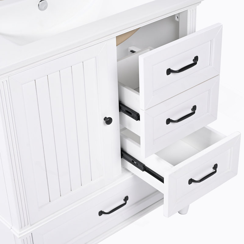 Meuble-lavabo de 30 po avec lavabo, armoire de salle de bain avec porte, trois tiroirs, pieds en bois massif et panneau de fibres à densité moyenne, patins réglables, blanc