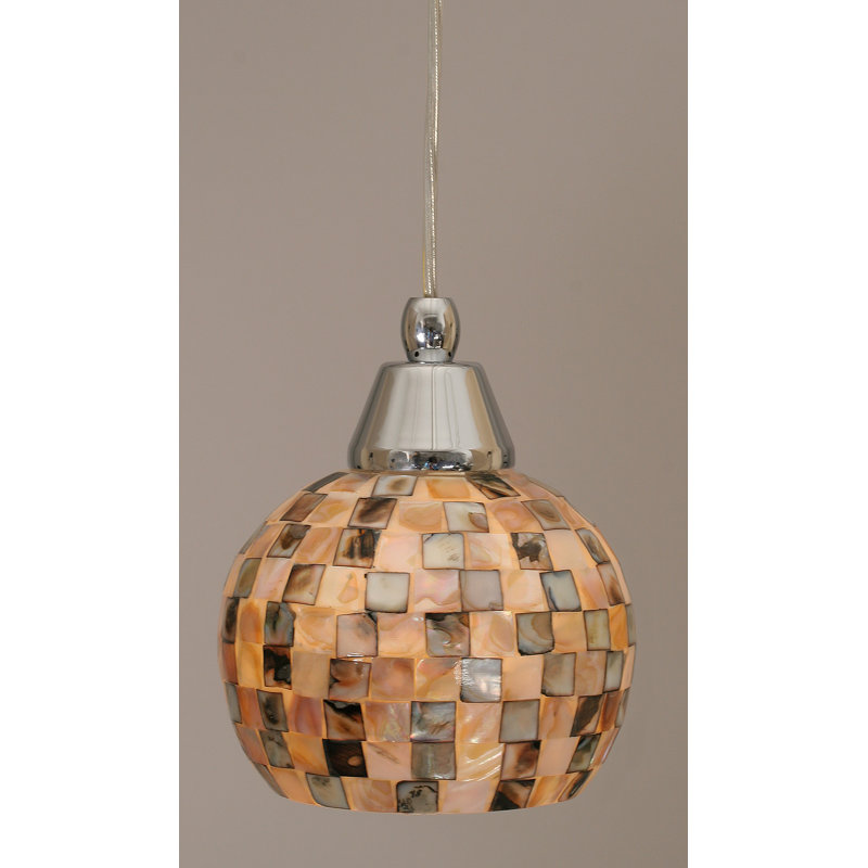 Cord Hung Mini Pendant Shown In Black Copper Finish With 10" Amber Crystal Glass, Chrome, 6" W, Seashell Glass