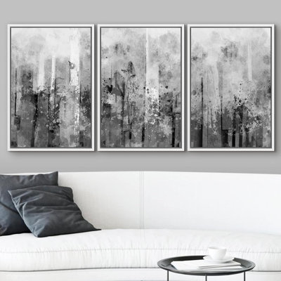 Grunge Abstract Paint Stroke Effect " Paint Splatter Display Abstract Shapes Modern Art Minimalist Dramatic Gray Dark " 3 - Pieces