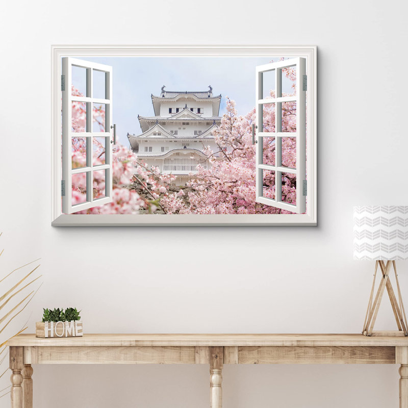 Fenêtre, fenêtre, temple japonais et fleurs de cerisier, photographie de villes, nature, réalisme, paysage rustique