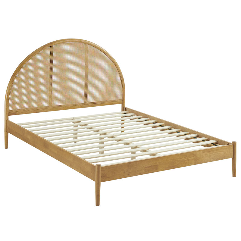 Odette Queen Oak Wood Platform Bed with Rattan Cane Headboard