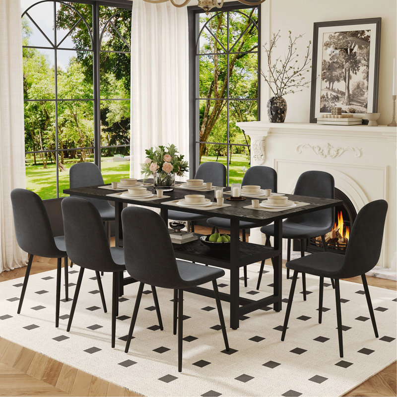 Ensemble de table et de chaises 71 x 35,4 pouces à grain de bois noir épissé avec fonction de rangement au milieu des pieds de la table.