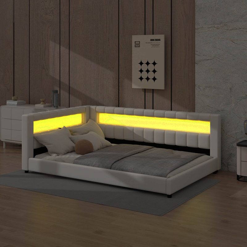 Upholstered Daybed With Storage Headboard, USB Ports & LED Belt, L-Shaped Platform Bed Frame, Full XL, White