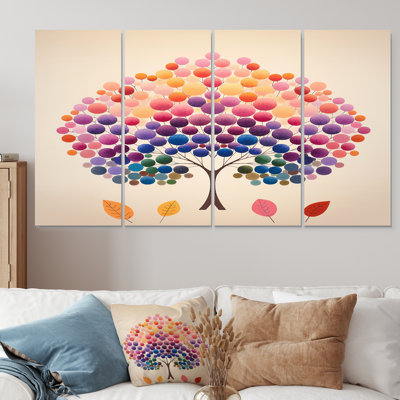 Abstrait cercle graphique arbre mauve jaune - ensemble de décoration murale arbre chêne 4 pièces