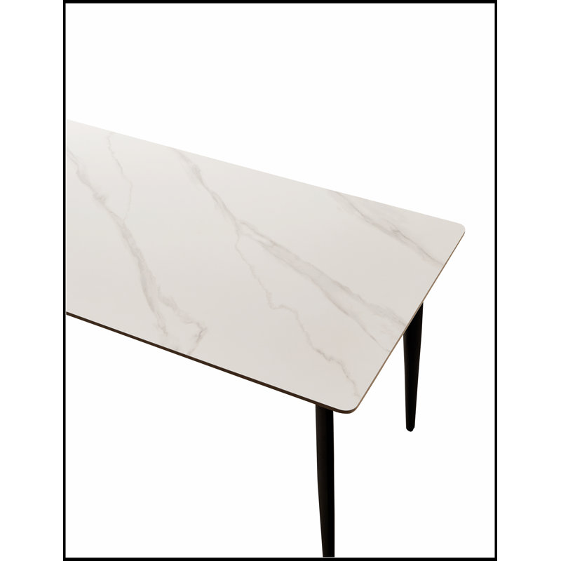 Table de salle à manger rectangulaire de style Mid-Century avec plateau en porcelaine et pieds en métal, Blanc/Noir