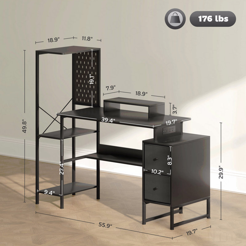 Gaming Desk With Storage, Computer Table With Power Outlets And Led Lights,For Home And Office