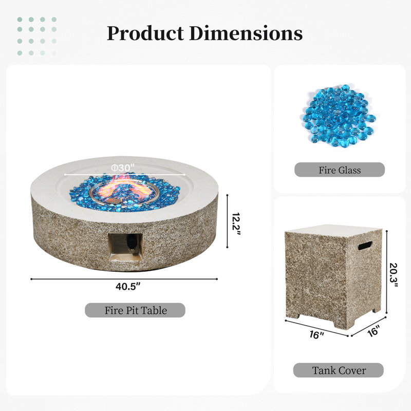 42 in. Round Magnesium Oxide Outdoor Fire Pit Table with Tank Cover and Rain Cover, Beige