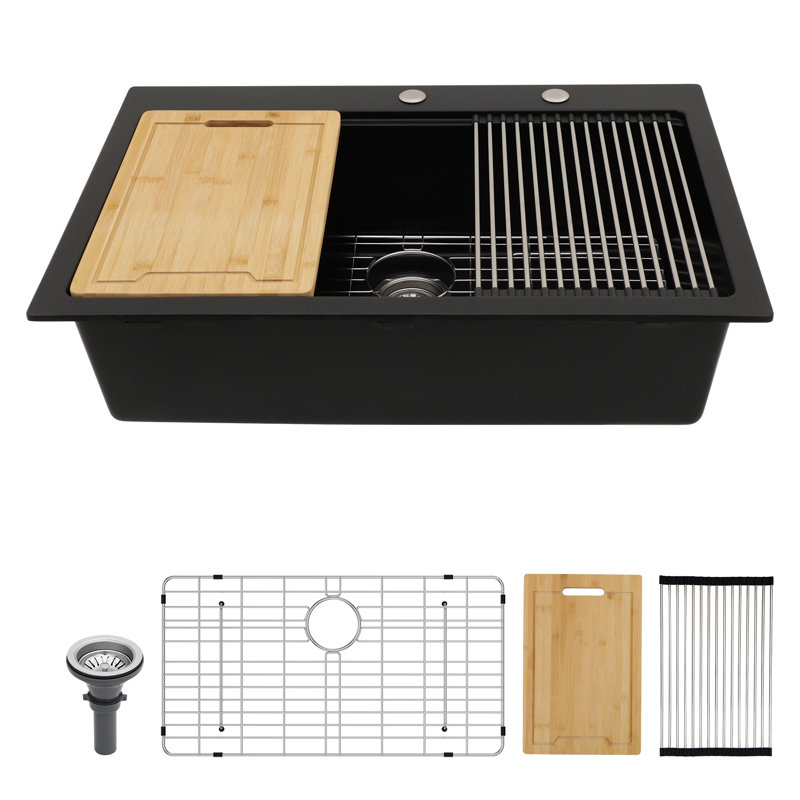 Quartz Kitchen Sink - 33"X22"X9.65" Black Granite Composite Workstation Drop-In Kitchen Sink