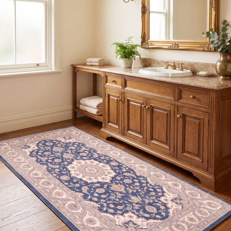 Tapis persan traditionnel audacieux en grès, couleur marine, ivoire, or, vert et rose, lavable à la machine, antidérapant, à poils courts, adapté à l'intérieur et à l'extérieur, idéal pour le salon, la chambre, la salle à manger, l'entrée, le couloir ou le bureau.
