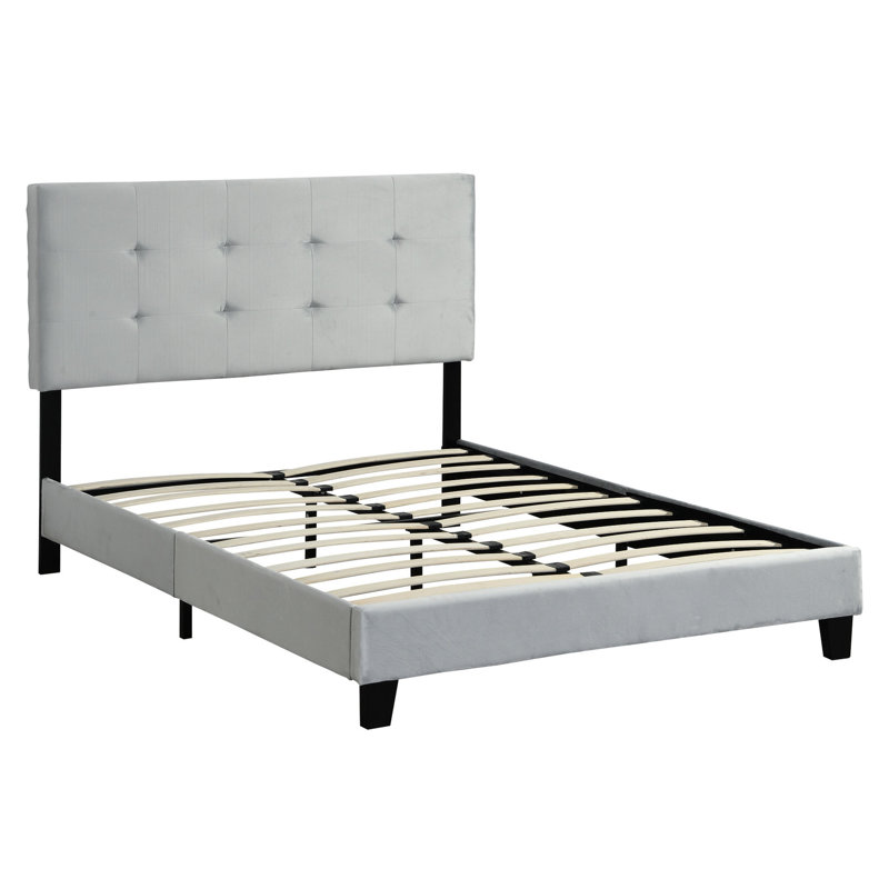 Lit rembourré moderne pleine grandeur avec tête de lit à tirette, support de lattes en bois massif, sommier à ressorts, aucun sommier requis, installation facile, support robuste en forme de plateforme grise, requis, assemblage,