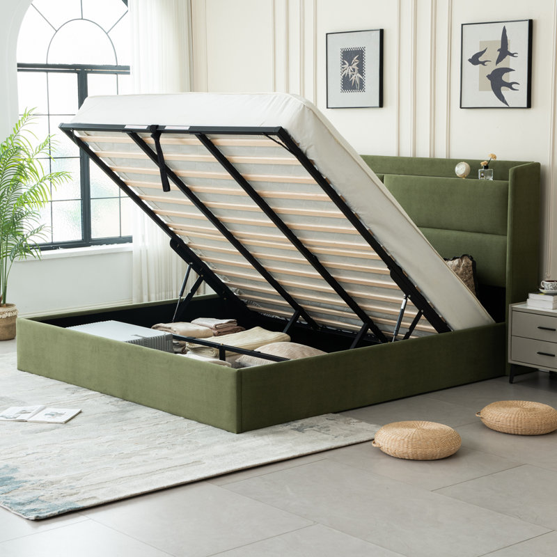 Upholstered Platform Bed with Hydraulic Lift, King, Green