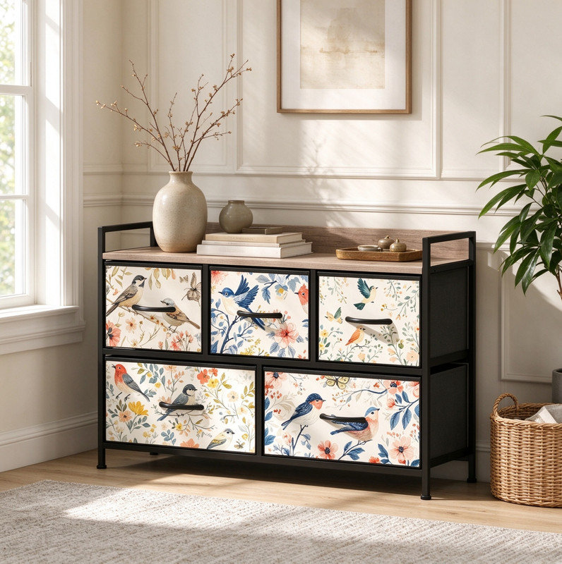 Elegant Patterned 5 Drawer Chest Powder Coated Steel Frame Home Storage Organiser