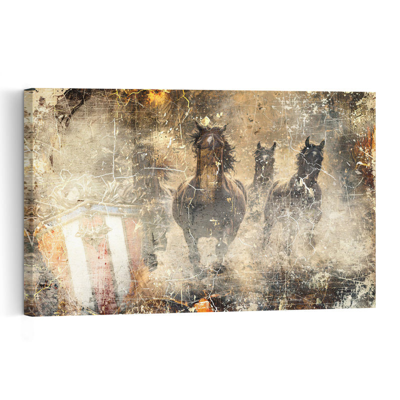 Chevaux sauvages au galop - Affiche murale rustique vintage représentant des chevaux sauvages, 16" H x 24" W