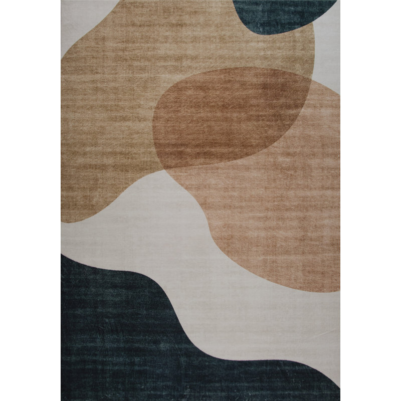 Tapis à motif abstrait crème / vert 7 pi x 10 pi (6 pi 7 po x 9 pi 6 po) Branch Branch Calma, contemporain, à poils moyens et résistant aux taches