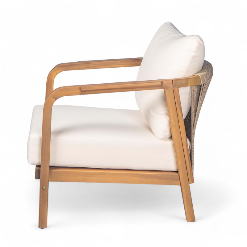 Méridienne d'extérieur 28 po avec dossier tissé, structure en bois massif, coussins confortables et accoudoirs courbés pour la terrasse ou le jardin