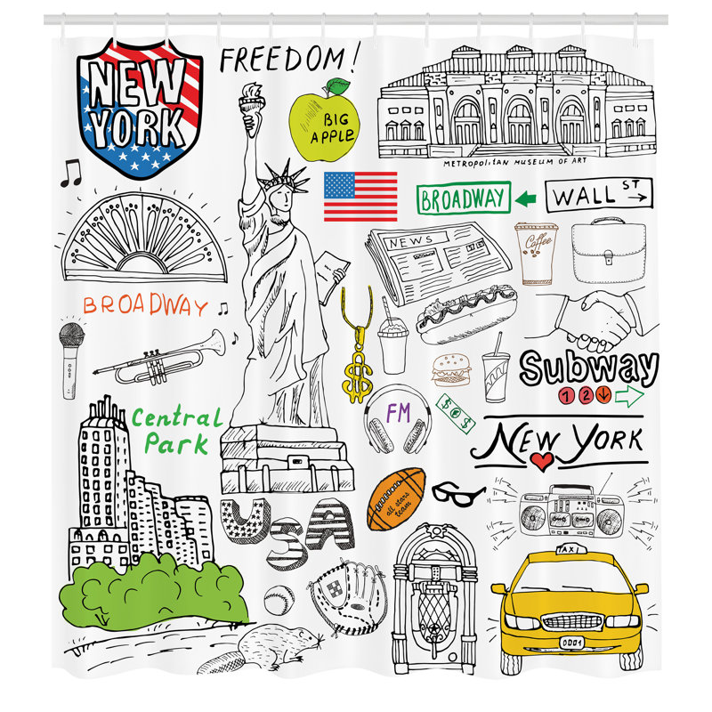 New York City Sketch Art Fabric Shower Curtain with Hooks