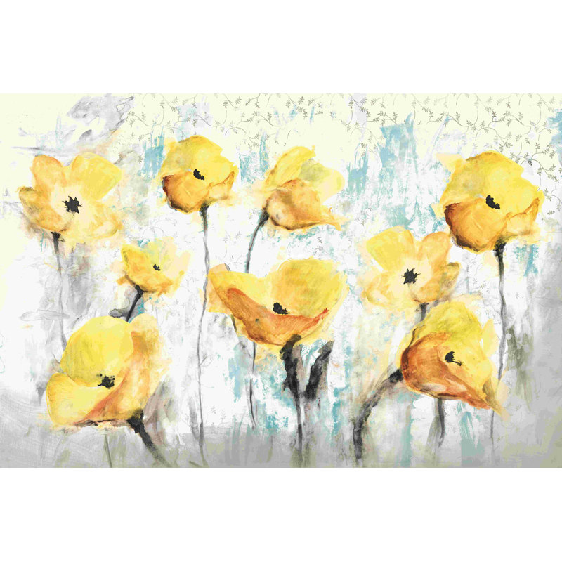 Jaune et gris fleurs bleu sarcelle - peinture sur toile tendue, H 12 po x l 18 po