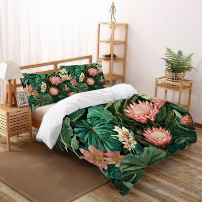 3Pcs Tropical Lotus Bedding Green Palm Leaves Pink Floral Print Duvet Cover Microfiber Breathable Soft Lightweight Comforter Cover with Pillowcases for Master Bedroom Guest Room Home Decor