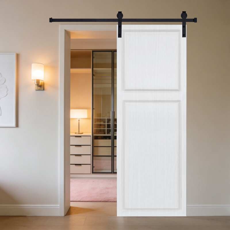 Moderne 2 panneaux 38 po X 80 po Porte de grange coulissante en panneau de fibres à densité moyenne noyer blanc avec ensemble de quincaillerie
