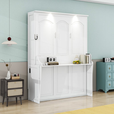 Queen Wood Murphy Bed with Desk, LED Lighting and Charging Station