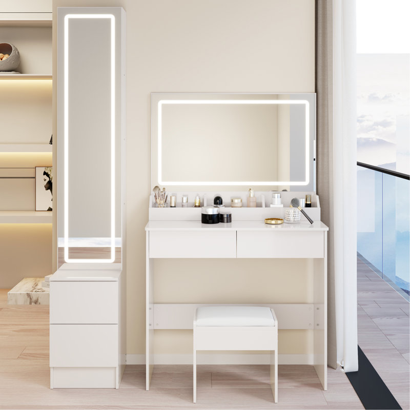 Très grande coiffeuse à miroir à DEL + armoire à miroir avec coiffeuse à DEL + tabouret rembourré, grand miroir à DEL double, commande tactile, interrupteur à 3 couleurs, luminosité réglable, rangement multi-couches à grande capacité