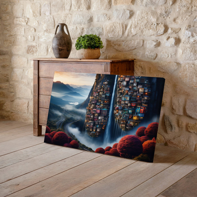 Toile, Paysage surréel vibrant avec une cascade d'eau qui coule vers le bas, une falaise rocheuse escarpée ornée d'une toile dense