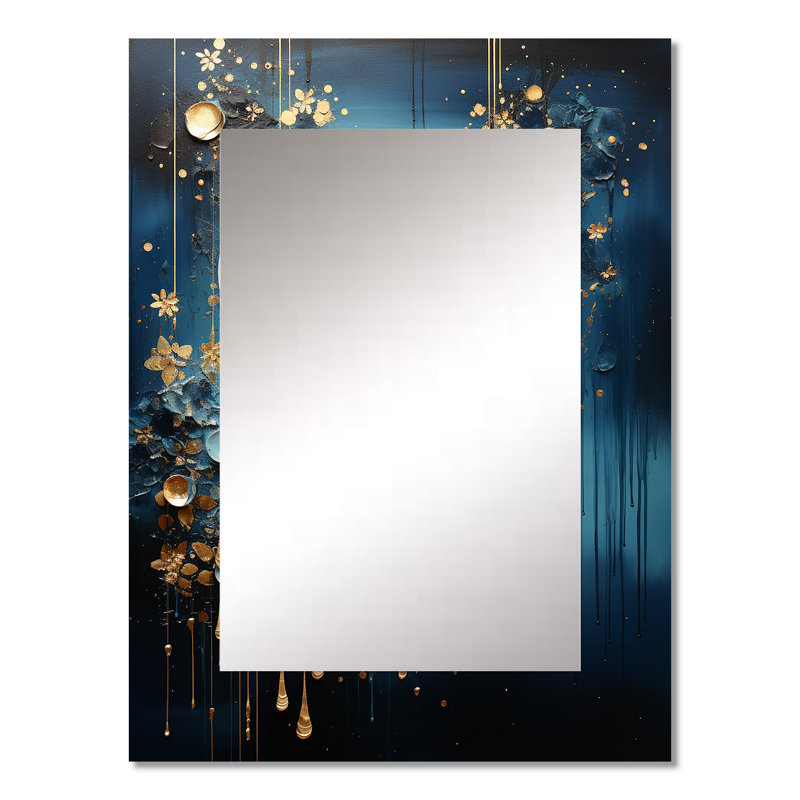 Moon Blue And Gold Cerulean Cycle Dreams IV - Moon Mirror, Blue Decorative Wall Mirror, Printed Metal Art, 32" x 24"