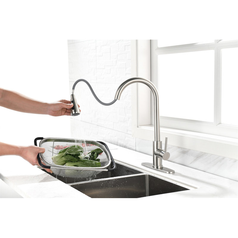 Robinet de cuisine à poignée simple à grande arche en nickel brossé, robinets d'évier de cuisine à un niveau en acier inoxydable avec douchette extractible