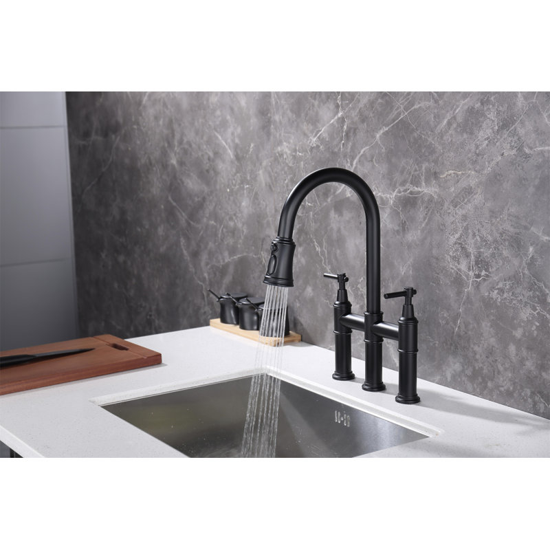 Bridge Kitchen Faucet With Pull-Down Sprayhead In Spot, Matte Black