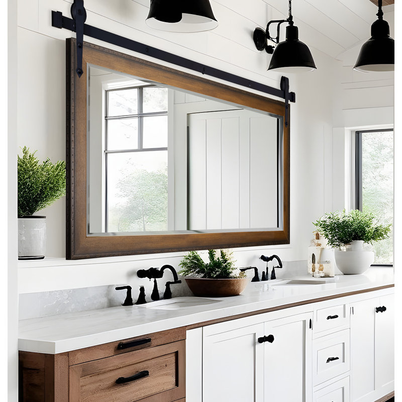 Neace Flat Wall Mirror, 32" H x 66" W, Walnut