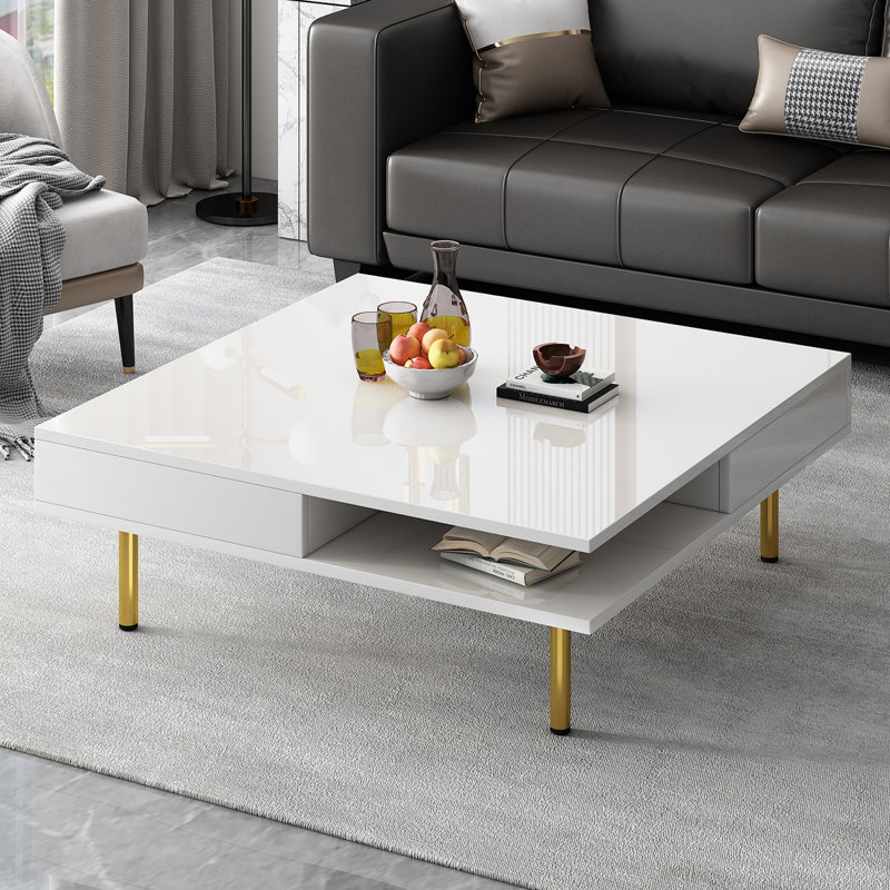 Table basse exquise à haute brillance avec 4 pieds et 2 petits tiroirs, table centrale carrée à 2 niveaux pour le salon