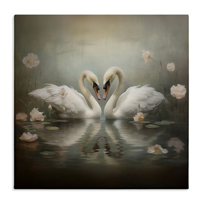 Cygnes romantiques sur toile d'étang à fleurs, design par Arlington Prints