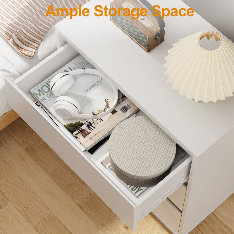 Grande table de chevet en bois avec 3 tiroirs, ensemble de 2, Blanc
