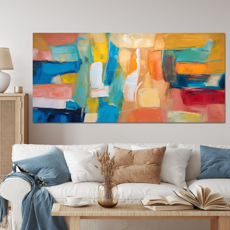 Vibrant Cubist Colourfields - Abstract Collages Wall Art Living Room, Wrapped Canvas, 28" H x 60" W x 1.5" D