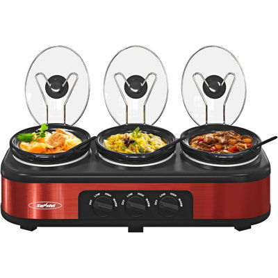Triple Slow Cooker Buffet Server, 3 x 1.5 QT Food Warmer with Independent Controls and Glass Lids-Red