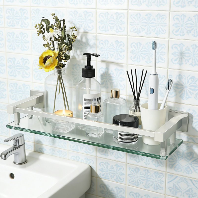 Brushed Nickel Glass Shelf With Stainless Steel Railing - 16 Inch, Brushed Nickel