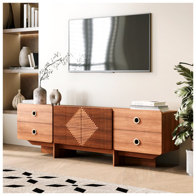 Shelsea TV Stand for TVs up to 75",Mid-Century Modern Entertainment Console with 2 Doors and 4 Drawers
