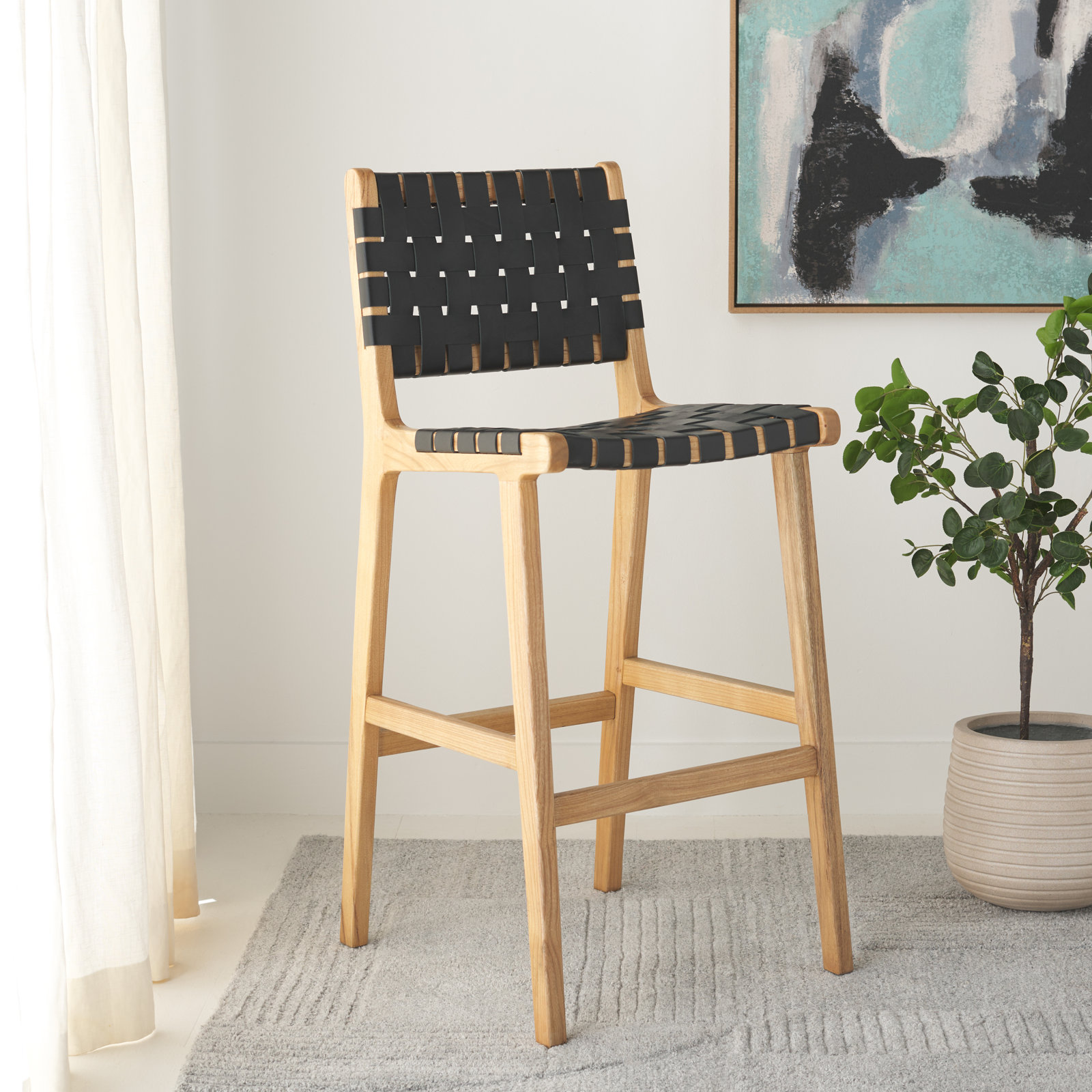 Alston Leather Stool, Bar Stool (29.70" Seat Height), Black Leather/Natural Frame