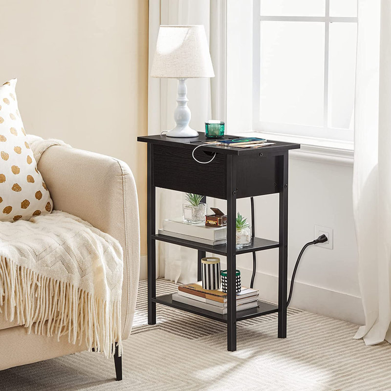 Mychele 25.2" Tall End Table with Storage and Charging Station, Black