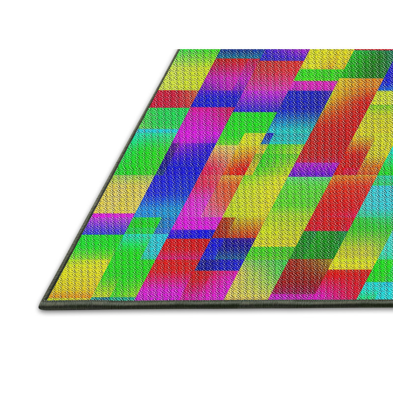 Tapis jaune / vert / rouge en laine et polyester tissé à la machine Patchwork, Rectangle 5 pi x 7 pi
