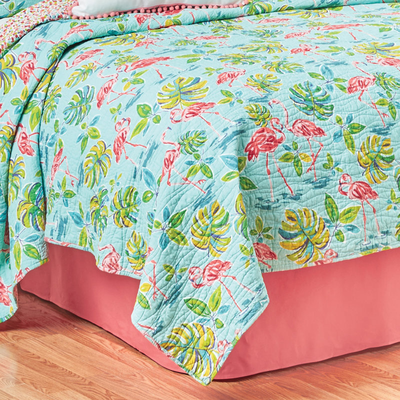 Blue Cotton Twin Reversible Quilt Set with Flamingo Design