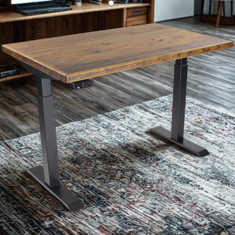 Bureau debout à hauteur ajustable électrique Skyscraper, double moteur et commande numérique avec mémoire, 48 x 30, plateau en bois récupéré véritable avec cadre noir