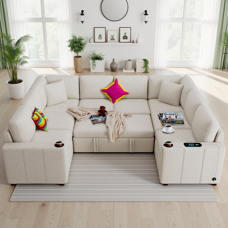 107" U-Shaped Convertible Sectional Sofa Bed - 6-Seater with Pull-Out Sleeper, USB Charging & Cup Holders in Chenille Fabric